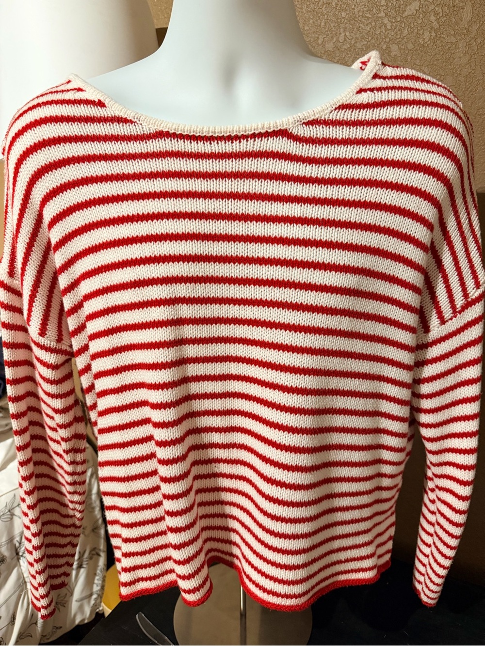 Miracle Red and Cream Striped Scoop-Neck Knit Sweater